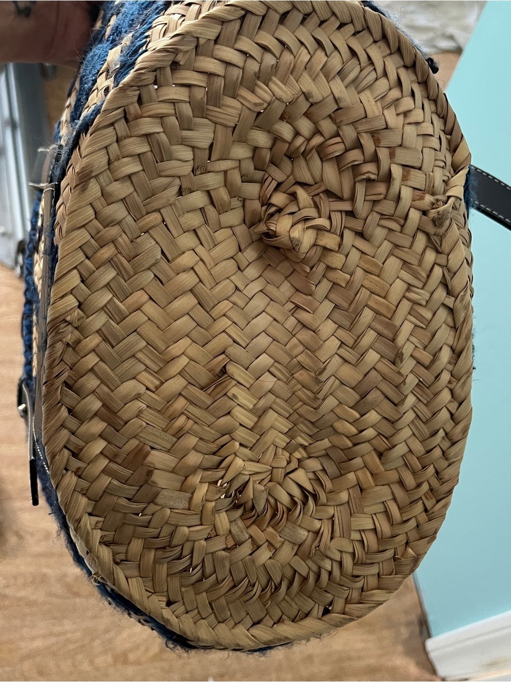 Loewe Natural Straw Tote with Blue Embroidery & Black Leather Trim - Picture 6 of 8